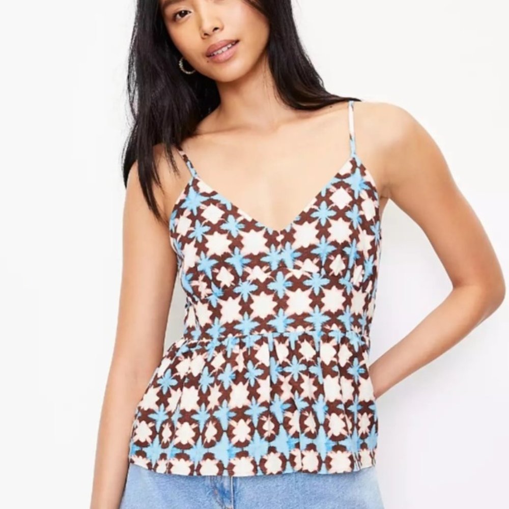 Loft | Sunwashed Floral Peplum Cami Tank Top Linen Blend Brown Blue Ruffle
